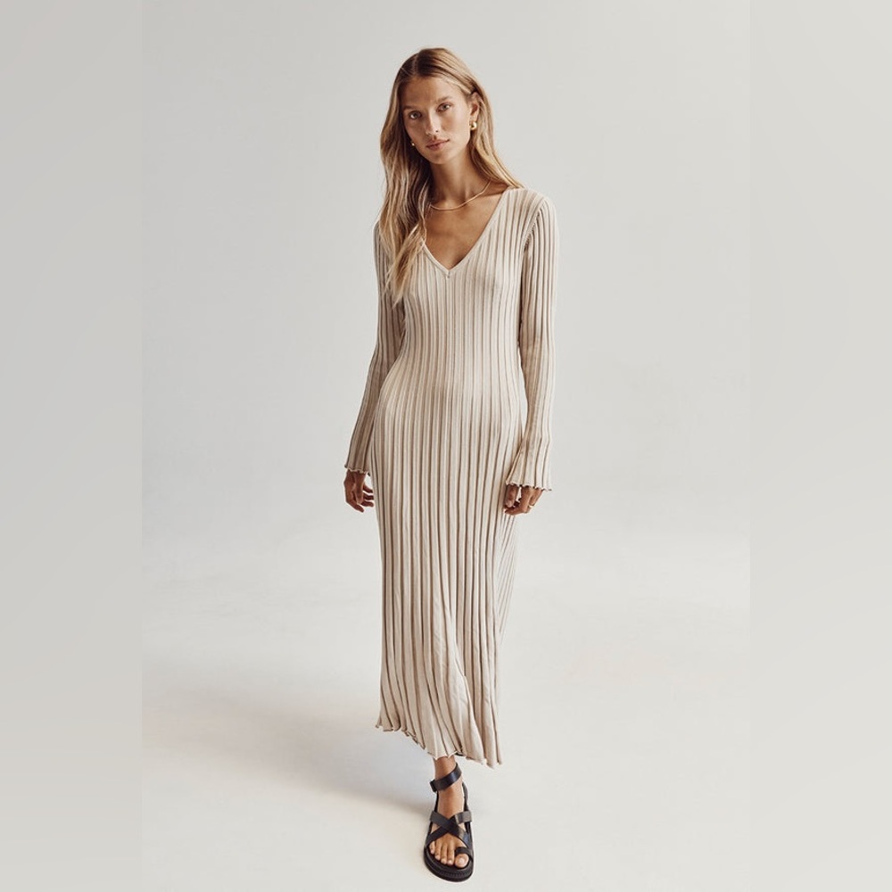 DISSH Ribbed V-Neck Long Sleeve Maxi Dress in Beige